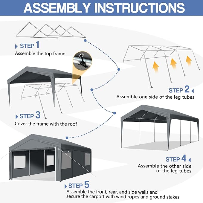 VINGLI 12x20 Carport Canopy Portable Garage with Roll-up Windows & Removable Sidewalls, Car Canopy Heavy Duty Car Tent Garage for SUV, Boats, RVs, Trucks (with Sidewalls)