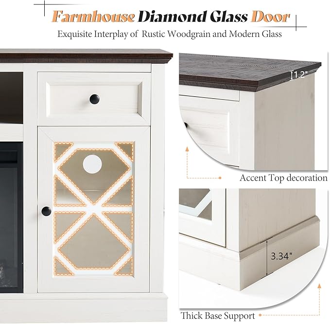 AMERLIFE Farmhouse Fireplace TV Stand with 37" Electric Fireplace for 80 Inch TVs, Large LED Media Entertainment Center with Drawers, 31" Tall Highboy TV Console Cabinet with Door, Living Room, White