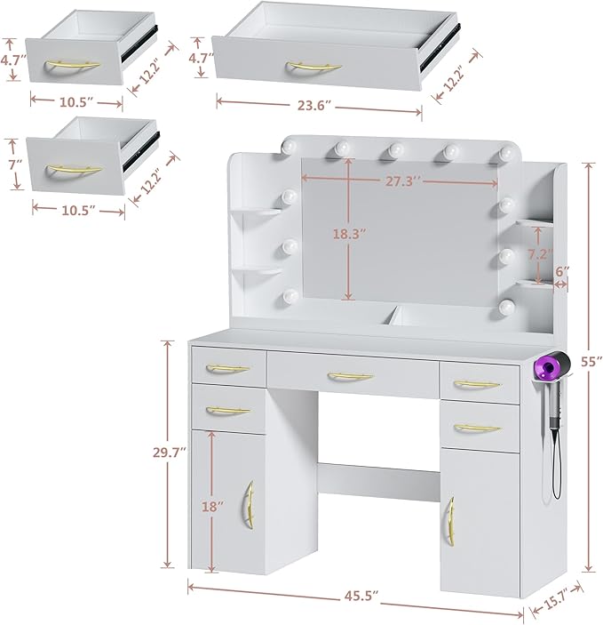 Makeup Vanity Desk with Lights, 45.5" Large Vanity with Mirror and Lights in 3 Models, Vanity with Power Outlet, Vanity Desk with 5 Drawers, 2 Cabinets, Shelves for Bedroom, White