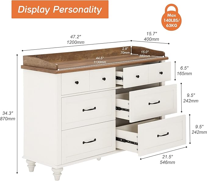 WAMPAT 6 Drawers Dresser for Bedroom, Mid Century Chest of Drawers Distressed Kids Dresser, Wooden Storage Dressers Organizer Cabinet for Living Room, Off White, 47 Inch