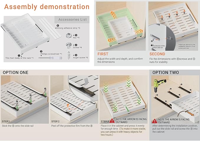 2PCS Expandable Pull Out Cabinet Organizer, Adjustable Width 12"-19" & Depth 16.5"-22", 4-Side Extension, 5 Slide Rails for Heavy Duty Use, Adhesive Roll Out Shelves for Kitchen Cabinets, Black