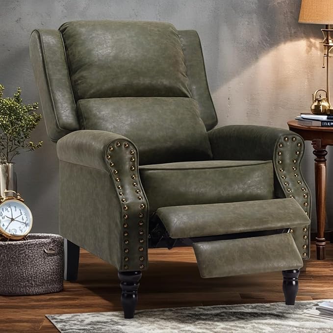 Leather Recliner Chair, Adjustable Backrest Footrest, Pushback Recliner with Overstuffed Arms Lumbar Support for Reading Mid Modern Reclining Chair, Living Room, Green