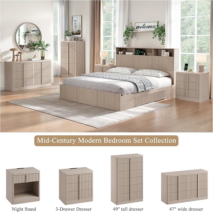 Fluted Dresser for Bedroom, 47" Wide 6 Drawer Dresser, Modern Chest of Drawers with Solid Wood Handle, Curved Profile Design, Wood Dressers Storage Organizer, Living Room, Hallway, Natural Oak