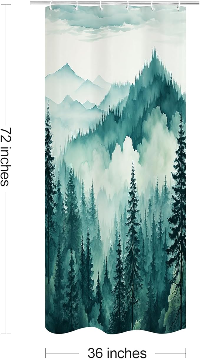 Teal Blue Small Stall Misty Pine Forest Shower Curtain 36 x 72, Mountain Foggy Woodland Scenery Tree Narrow Half Size Shower Curtains for Bathroom, Turquoise Waterproof Nature-Themed Decor