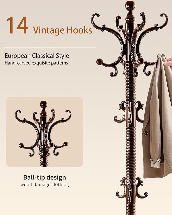 Wooden Coat Rack Freestanding, Solid Wood Coat Rack Stand with 14 Hooks, Vintage Heavy Duty Standing Coat, Sturdy Jacket Hanger Tree Stand for Corner, Office, Entryway