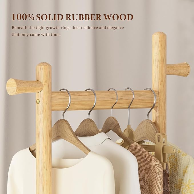 Solid Wood Coat Rack Freestanding Clothing Rack with Wheels & 2 Shelves Storage & 5 Hooks Heavy Duty Clothes Rack Wood Coat Tree Stand Hat Hanger Rack for Corner Bedroom Entryway Living Room Hotel