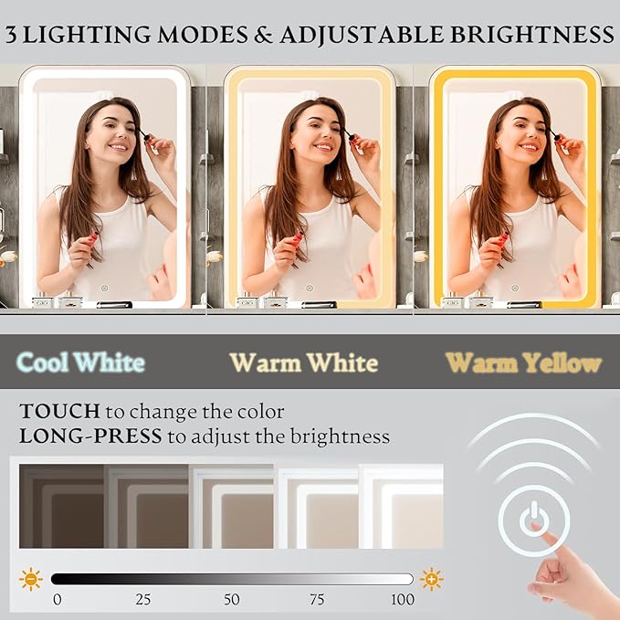 Vanity Desk with LED Lights Mirror & Power Outlet, Small Makeup Vanity Table Set with Storage Drawers & Chair, 3 Lighting Modes & Adjustable Brightness, Dressing Table for Women Girls Bedroom, Grey