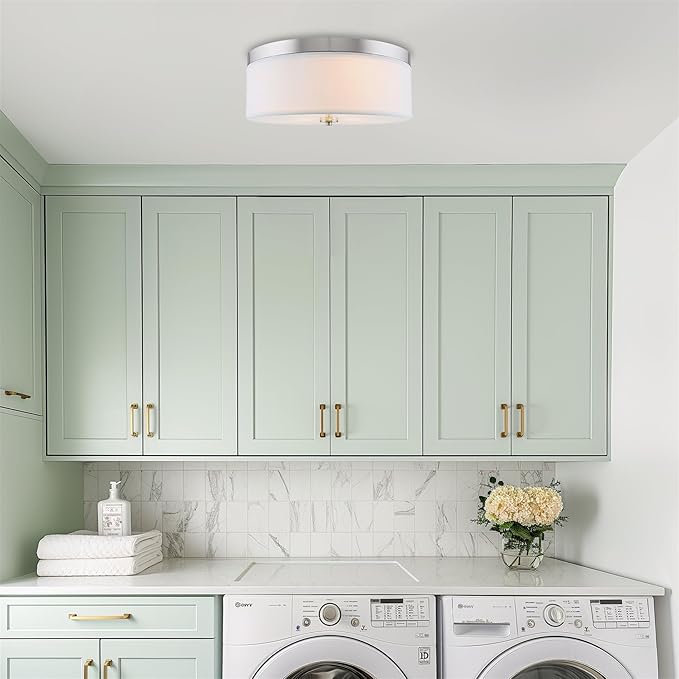 Kira Home Walker 15" Mid-Century Modern 3-Light Flush Mount Ceiling Light, White Fabric Shade + Round Glass Diffuser, Brushed Nickel Finish