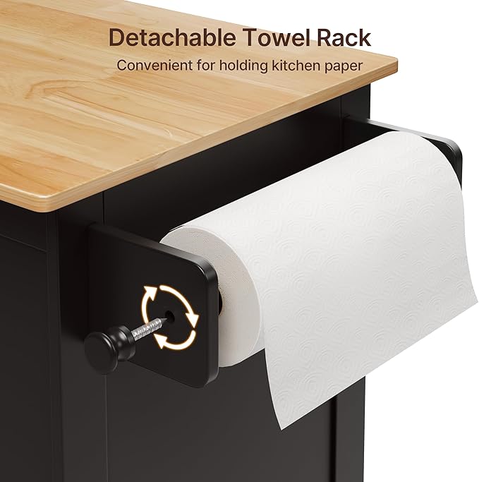 Gizoon Kitchen Island Cart with Rubberwood Top, 33" W Rolling Kitchen Island on Wheels with Adjustable Shelf, Drawer, Spice Rack, Towel Bar, Mobile Storage Cabinet for Dining Room, Home Bar, Black