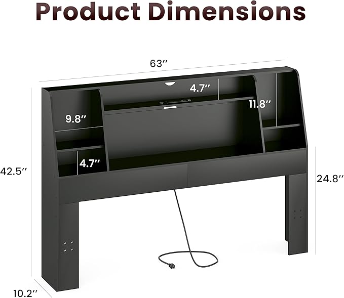 Queen/Full Headboard Only for Queen Bed, Wood Bookcase Head Board with Charging Station & 2 LED Lights, Stylish Noise-Free with Ample Storage for Bedroom, Height Adjustable, Black