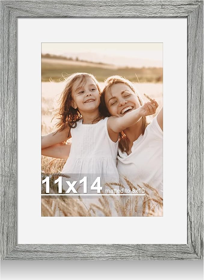 11x14 Picture Frame with Real Glass - 8x10 Wooden Frame with Mat, Horizontal and Vertical Display for Wall or Tabletop (Grey, 1 Pack)