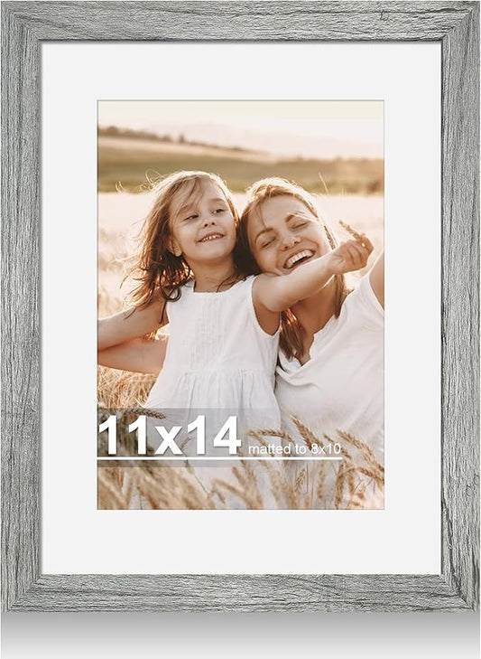 11x14 Picture Frame with Real Glass - 8x10 Wooden Frame with Mat, Horizontal and Vertical Display for Wall or Tabletop (Grey, 1 Pack)