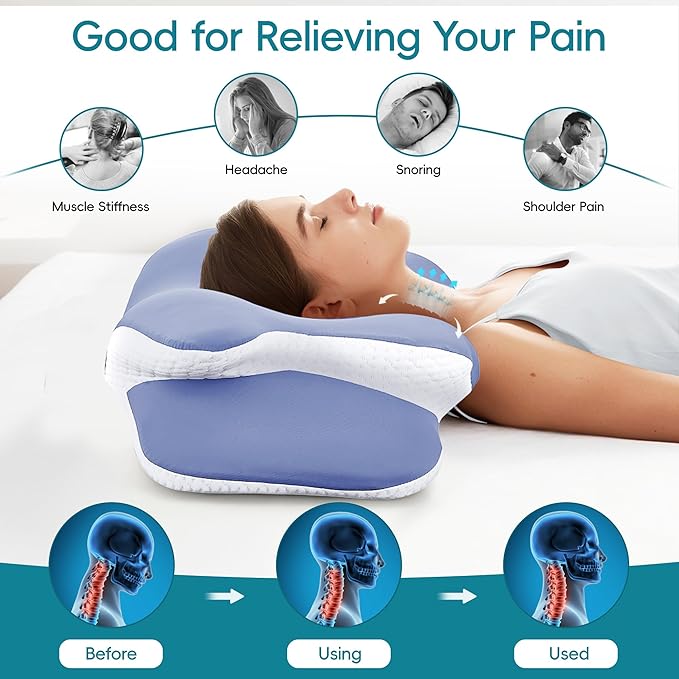 Cervical Neck Pillow for Neck Pain Relief & Support - Cooling Ergonomic Memory Foam Pillow with Dual-Height Contour & Ice Silk Cover for Side, Back, Stomach Sleepers, Blue