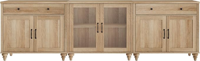 WAMPAT Farmhouse TV Stand for 100 Inch TV, 3-in-1 TV Console Table for 75/80/85/90 Inch TV, Entertainment Center with Glass & Wood Door, Kitchen Sideboard Buffet Cabinet for Dining Room, Oak