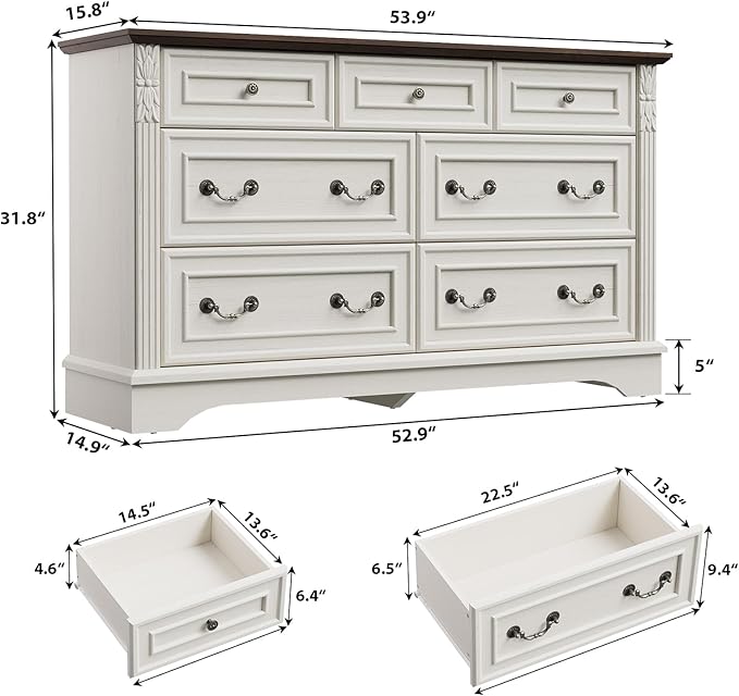 White Dresser for Bedroom, Modern 7 Chest of Drawers, 54" Wide Chest of Drawers w/Carved Pilasters, Wood Closet Organizers and Storage Cabinet for Bedroom, Living Room, Hallway