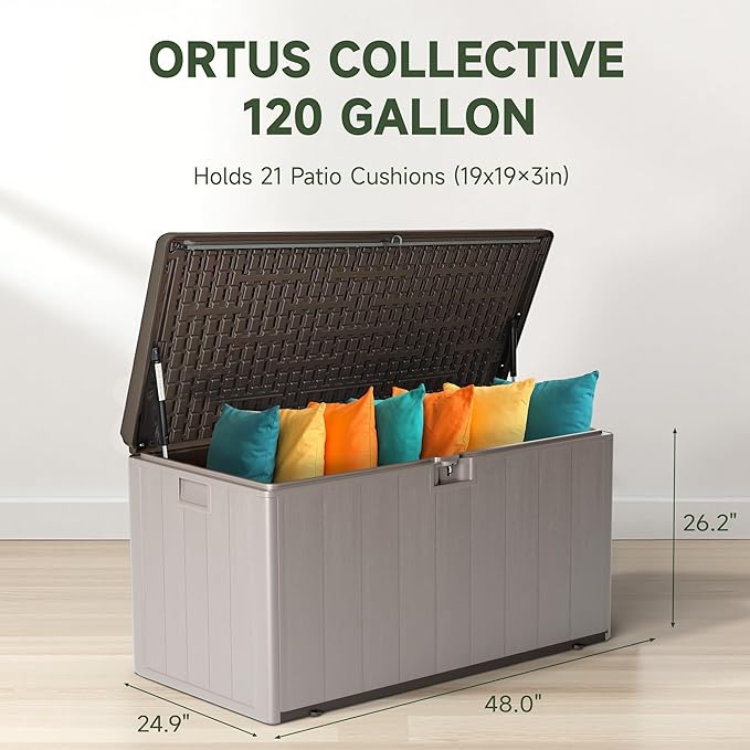120 Gallon Resin Deck Box, Double Layer Waterproof & Outdoor Indoor Lockable Storage Box for Patio Furniture Cushions Garden Tools (Brown)