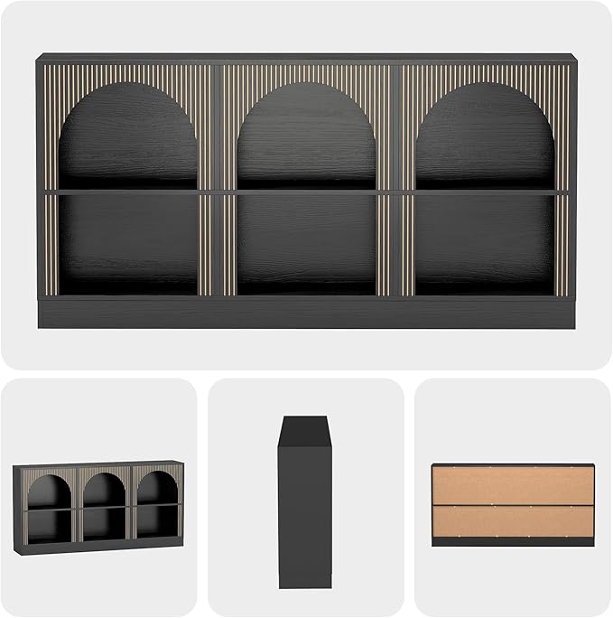 Console Table with 3-Tier Open Storage, 63" Arched Entryway Table with Carved Fluted Panels, Rectangular Wooden Sofa Table for Living Room, Hallway, or Behind Couch (1, Black)