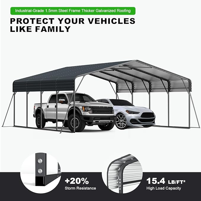 20x20FT 2 Car Metal Carport Kits, Heavy Duty Two Car Ports with Galvanized Metal Roof, Outdoor Garage Double Car Shelter Shade for Car, Boats and Truck (Dark Gray)
