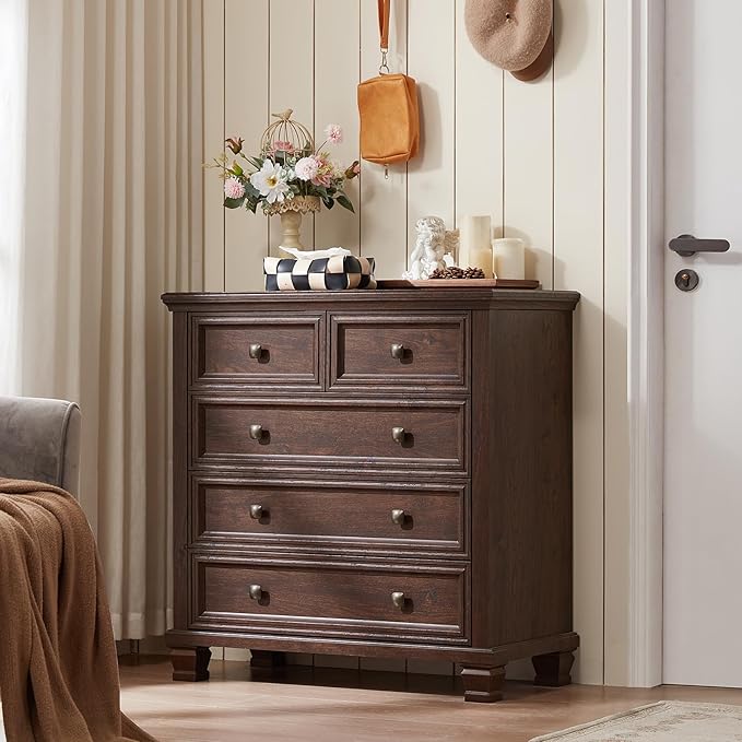 Farmhouse 5 Drawer Dresser Set of 2, 32.6 Inch Tall Vintage Chest of Drawers for Bedroom, Rustic Small Dressers w/Square Solid Wood Legs, Mid Century Storage Organizer for Hallway, Walnut