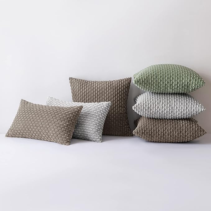 MIULEE Throw Pillow Covers Soft Corduroy Decorative Set of 2 Boho Striped Pillow Covers Pillowcases Farmhouse Home Decor for Couch Bed Sofa Living Room 12x20 Inch Brown