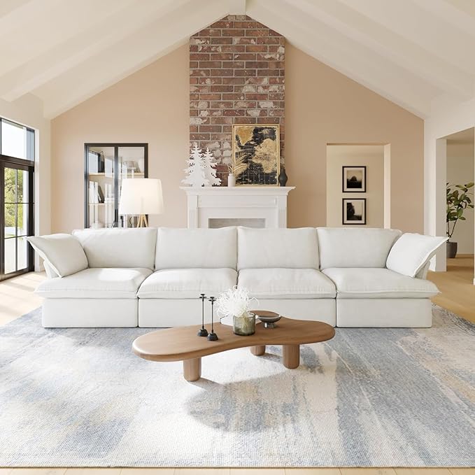 JACH 162" Cloud Sectional Couches for Living Room, Modular Sectional Sofa, Down Fill Couch Sectional, Cushion Covers Removable, Deep Seat Sofas for Living Room (4 Seats, White)