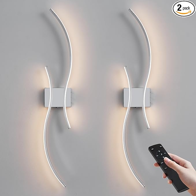 Battery Operated Wall Sconces Set of Two with Remote Control, Stepless Colors 3000K-6000K & Dimming, LED Chrome Wireless Wall Light for Living Room, Hallway, Bedroom, 39.3 Inch (2 Pack)