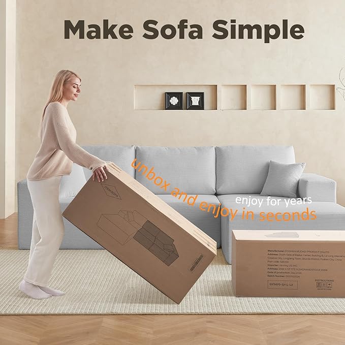 INGEROOM 108" Cloud Sectional Couch, Modular Sectional Sofa with L-Shaped Chaise, Modern Plush Corduroy Couch for Living Room Bedroom, No Assembly Required, Deep Seat（Gray）