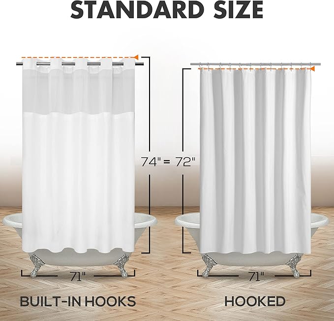 No Hook Slub Textured Shower Curtain with Snap-in PEVA Liner Set - 71" x 74"(72"), Hotel Style with See Through Top Window, Fabric Outer Curtain & Waterproof Inner Liner, White, 71x74