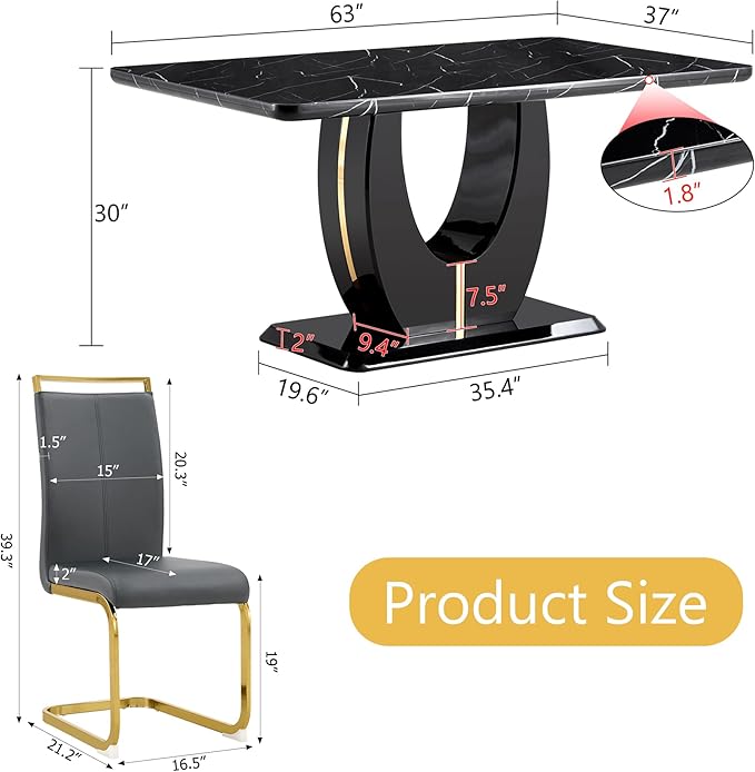 Dining Table Set for 6, Kitchen Table Chairs Set of 6, Modern Dining Room Set with 63 inch Marble Dinner Table PU Leather Upholstered Chairs for Dining Room Kitchen