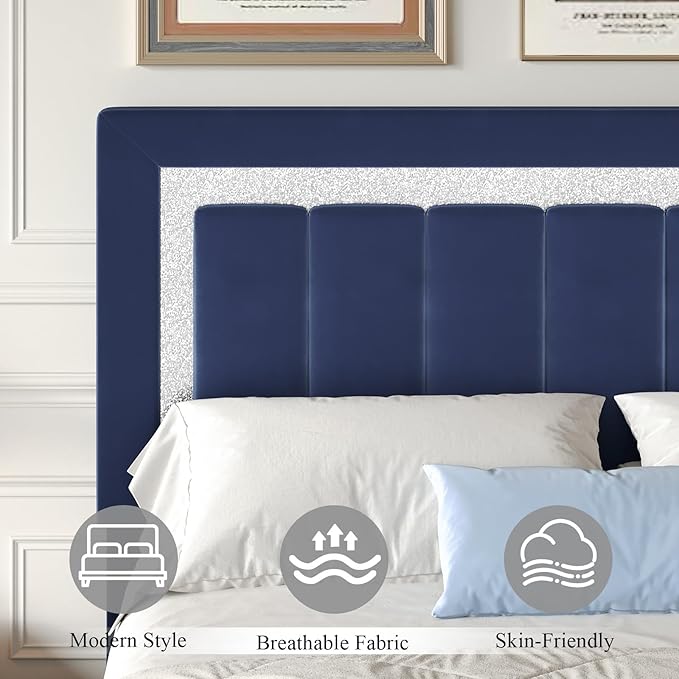 HOMBCK Queen Bed Frame with Headboard and Footboard and Footboard, Velvet Upholstered Platform Bed Frame with Diamond Design, No Box Spring Needed, Easy Assembly, Blue