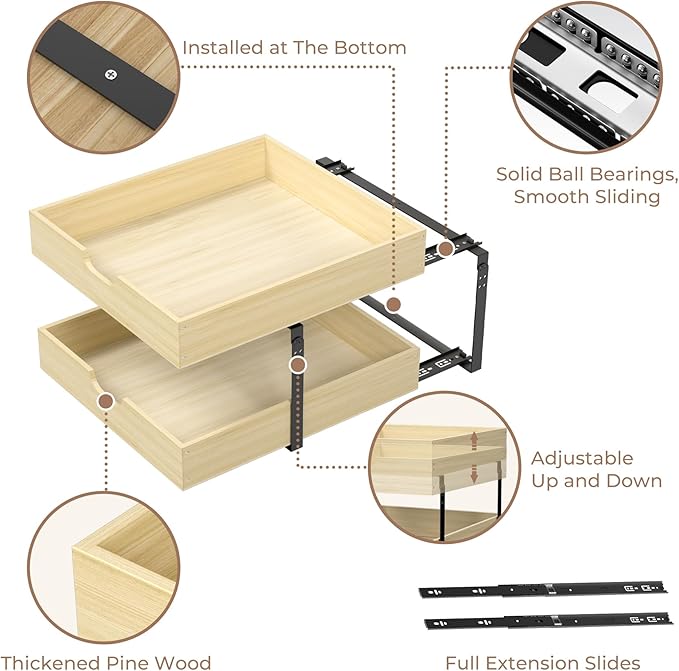 COOLBEBE Pull Out Cabinet Organizer, 2 Tier Soft Close Pull Out Drawers for Cabinets, 20" W x 21" D Wood Cabinet Drawers Slide out, Pull Out Shelves in Kitchen, Pantry, Bathroom