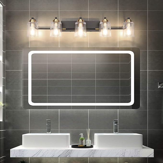 SOLFART Vintage Vanity Lights for Bathroom 5 Light Bathroom Vanity Light Black Metal with Clear Glass Brass Fixtures Wall Mount Lighting Wall Sconce