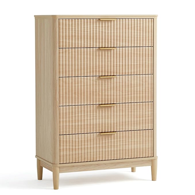 LINSY HOME Fluted Dresser for Bedroom with 5 Drawers, 46" Tall Chest of Drawers, Mid Century Modern Dresser with Metal Handle, Wood Closet Storage Cabinet for Living Room, Hallway, Oak