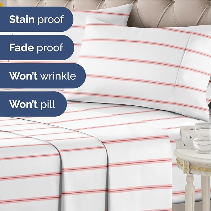 Striped Sheets - Red & White Striped Sheets - 1 Flat & 1 Fitted & 2 Pillowcases w/ Deep Pockets – Wrinkle & Fade Free - Ultra-Soft, Breathable & Cooling – Luxury Pinstripe Bedding - King Size Bed Set