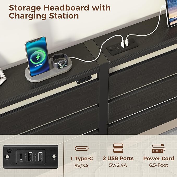 Rolanstar Bed Frame King Size with USB Charging Station, LED Bed Frame with Wood Storage Headboard, Black Metal Platform Bed with Under Bed Storage, No Box Spring Needed, Noise Free