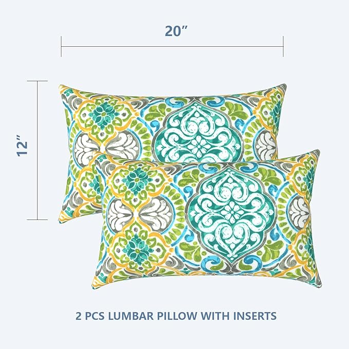 LVTXIII Outdoor/Indoor Lumbar Pillows, Decorative Patio Lumbar Cushions, Fluffy Water Repellent Garden Cushions for Home Patio Coach Sofa Use, 12×20 Inch, Pack of 2, Damask Green