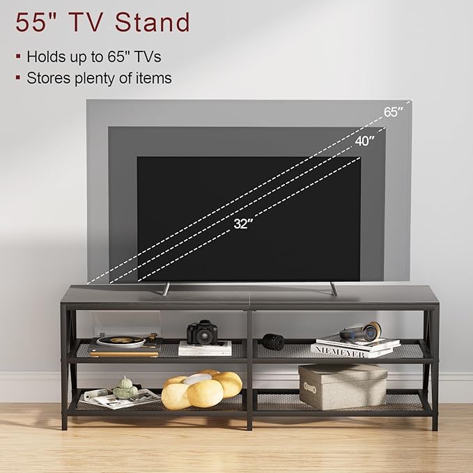 TV Stand for TVs up to 65 Inch, 55" Long Industrial TV Console Table with 3-Tier Storage Shelves, Entertainment Center for Living Room, Bedroom (Black)