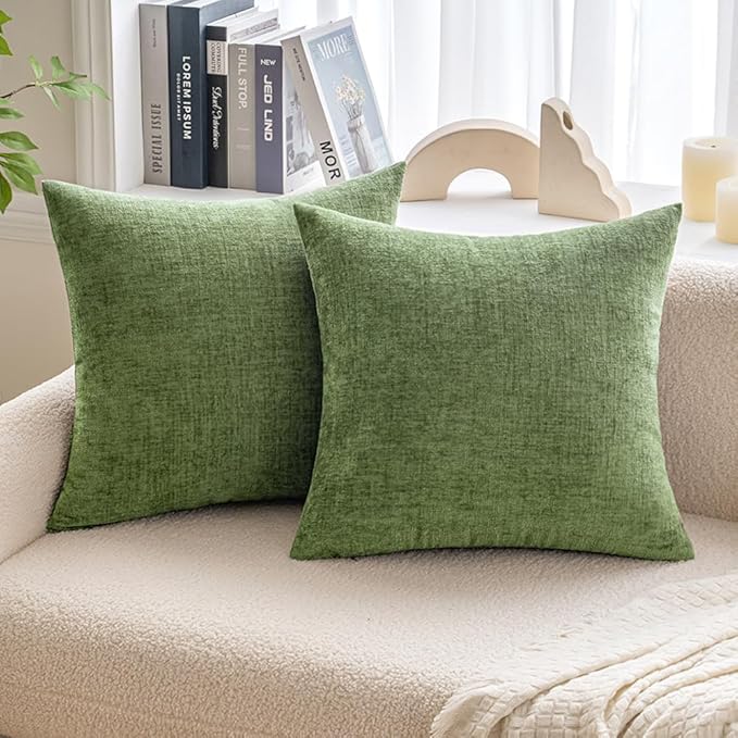 MIULEE Pack of 2 Couch Throw Pillow Covers 22x22 Inch Spring Soft Sage Green Chenille Pillow Covers for Sofa Living Room Solid Dyed Pillow Cases