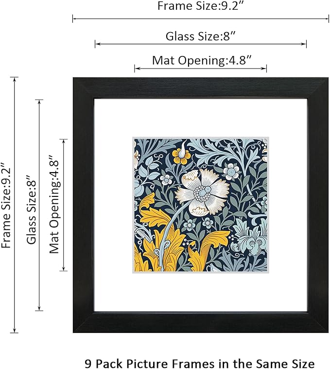 8x8 Picture Frame Set of 9 for Pictures 5x5 with Mat or 8x8 Without Mat, Wall Gallery or Tabletop display Photo Frames in Black
