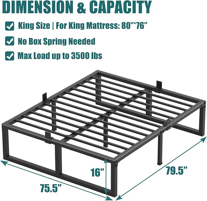 16 inch King Bed Frame,3500 lbs Heavy Duty Metal Platform,Steel Slats Support/No Box Spring Needed/Noise Free/Non-Slip/Easy Assembly