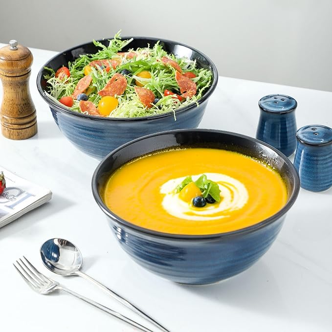MEKY Ceramic Mixing Bowls Set of 2, 84OZ Large Nesting Salad Bowls - Perfect for Cooking, Baking, Soup, Pasta, Fruit and Popcorn, Deep Bowls Ideal for Microwave and Dishwasher Safe (Blue)
