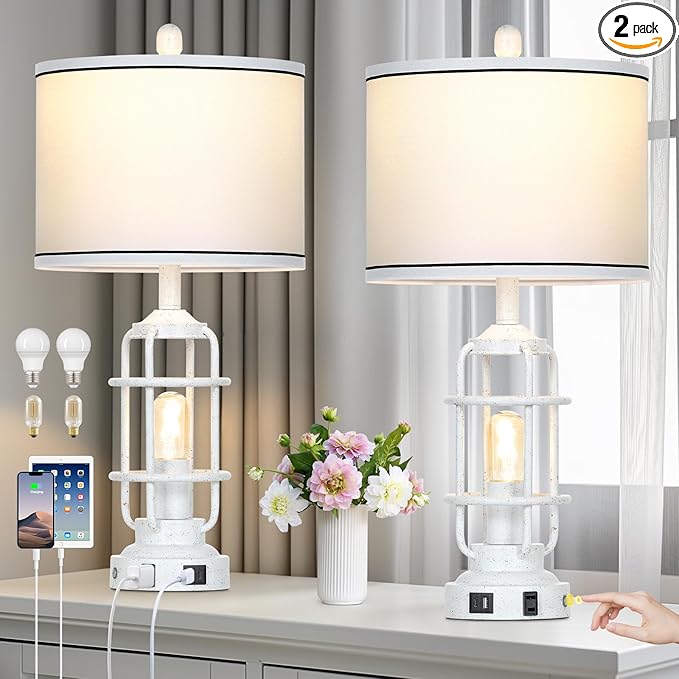 Farmhouse Industrial Lamps with USB A+C Charging Ports & AC Outlet, 3 Way Dimmable Touch Control Vintage Rustic Table lamps for Living Room, White Retro Beside Nightstand Metal Modern Lamp for Bedroom