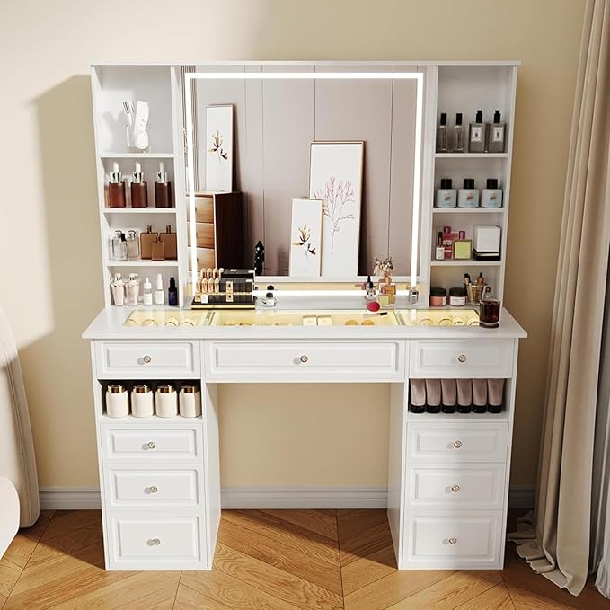 Extra Large Vanity Desk with Lighted Mirror, Makeup Vanity with RGB Glass Top, White Vanity Table with 9 Drawers, Tall Dressing Table with Crystal Ball Knobs (Minimalist Style)