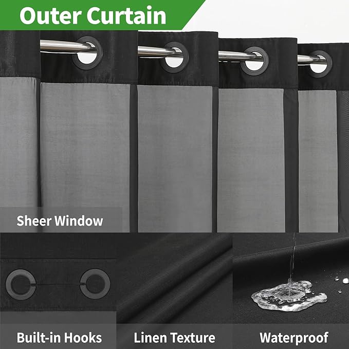 No Hooks Needed Linen Textured Shower Curtain with Snap-in Fabric Liner Set,Black Hotel Luxury Decor Shower Curtains for Bathroom,Waterproof & Washable,71Wx77H