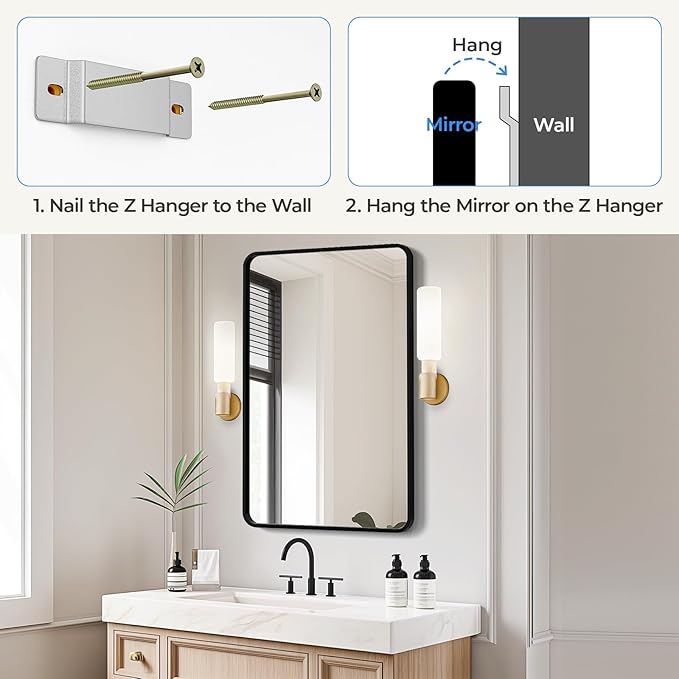USHOWER Black Bathroom Mirror for Over Sink 24 x 36 Inch, Metal Frame Rectangle Vanity Mirror, Matte Black Modern Mirror for Wall