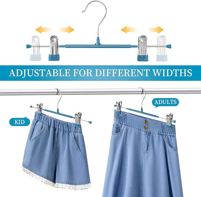 Pants Hangers with Clips 10 Pack Adjustable Skirt Hangers for Women Non-Slip Trousers Hanger for Jeans Clothes Hangers for Pants Heavy Duty Space Saving Shorts Hangers,Blue,12Inch