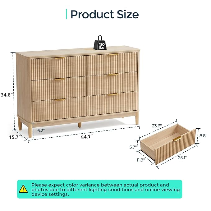 LINSY HOME Fluted Dresser for Bedroom with 6 Drawers, 54" Wide Chest of Drawers, Mid Century Modern Dresser TV Stand with Metal Handle, Wood Closet Storage Cabinet for Living Room, Hallway, Oak