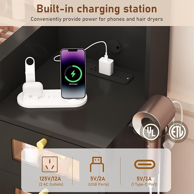 62" Large Makeup Vanity Desk with Mirror and Lights, Glass Top Vanity Table with Power Outlet & Lighted Glass Cabinet , 8 Drawers, Dressing Table with 3 Colors Lights for Bedroom Dressing Room, Black