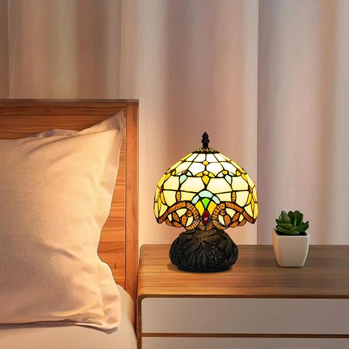 Small Tiffany Stained Glass Lamp, 3 Color Temperatures Bedside Lamp, 8 Inch Mushroom Desk Light for Bedroom Living Room Office Home Decor (Beige Baroque)