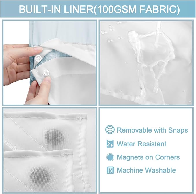 YellyHommy No Hook Shower Curtain with Snap in Liner Set Less Time Aqua Blue Waffle Shower Curtain for Bathroom 75" L x 72" W